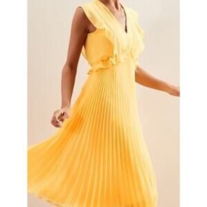 Banana Republic Dress Pleated Flutter Sleeve Sz M Midi Gold Lined Wedding Guest